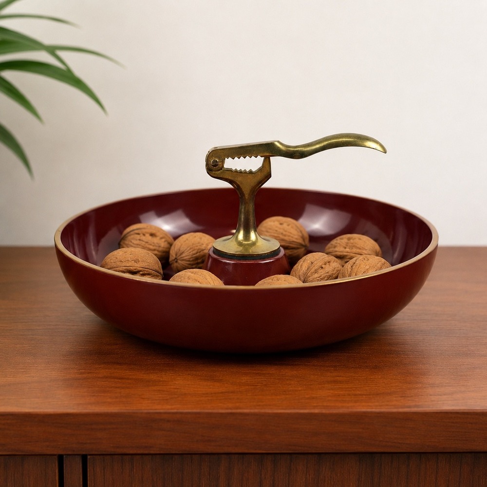 Vintage Japanese Lacquer Nut Bowl with Brass Nutcracker Burgundy Made in Japan